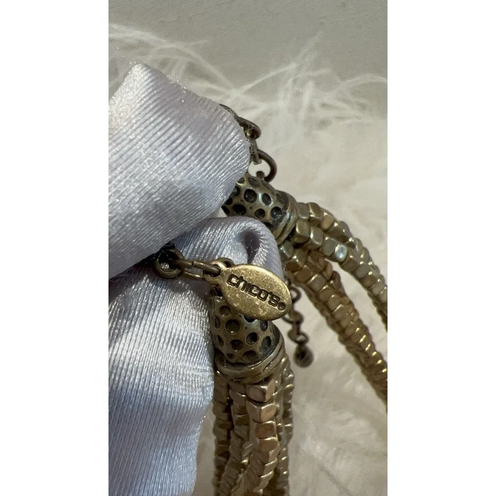 Chico's Vintage Gold Tone Multi Strand Statement Necklace Textured Block Bead